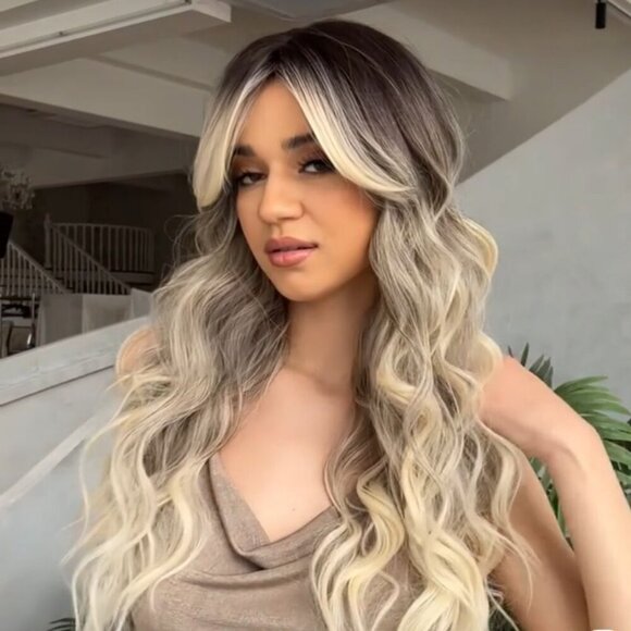 NWT 26" Ombre Blonde Long Wavy Curly Hair Wig %130 Density with Rose Net Cap - Picture 5 of 16